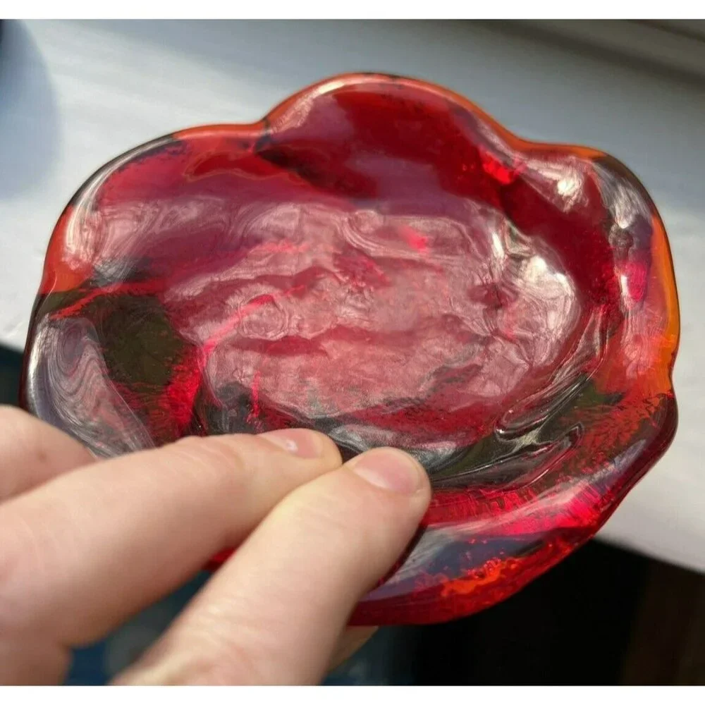 Fenton Red Amberina Swirl Textured Glass Trinket Dish Ashtray 5" Heavy Glows UV - Picture 4 of 8